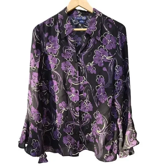 Venezia Jeans Womens Purple Floral Silk Blouse 14/16 Bell Sleeve Whimsigoth Boho - Picture 1 of 8
